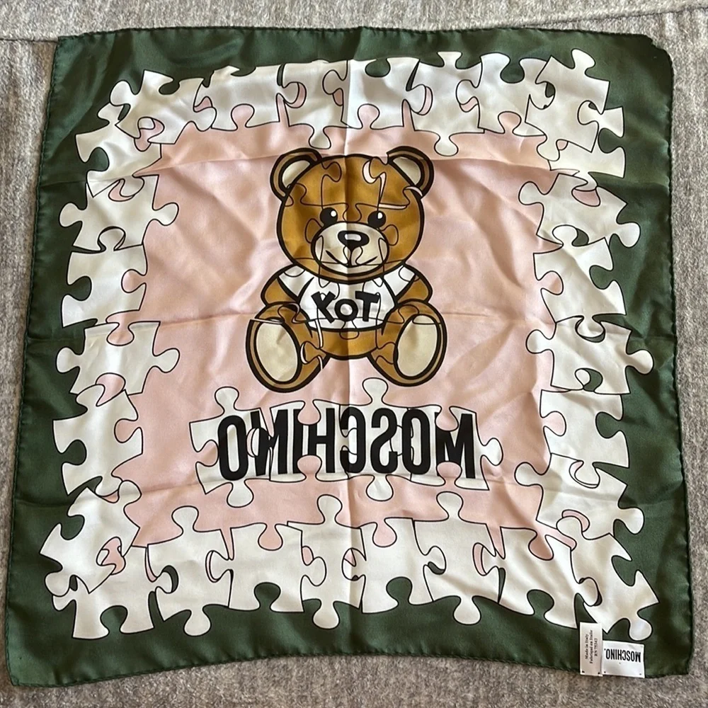 NWOT Moschino 100% Silk Puzzle Teddy Bear Scarf